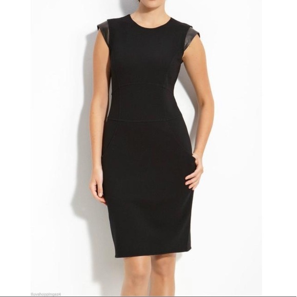 Lafayette 148 Dress Black Leather Trim Scuba Fit 4